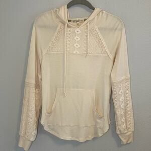 Rewind Lace Overlay Lightweight Pullover Hoodie Cream